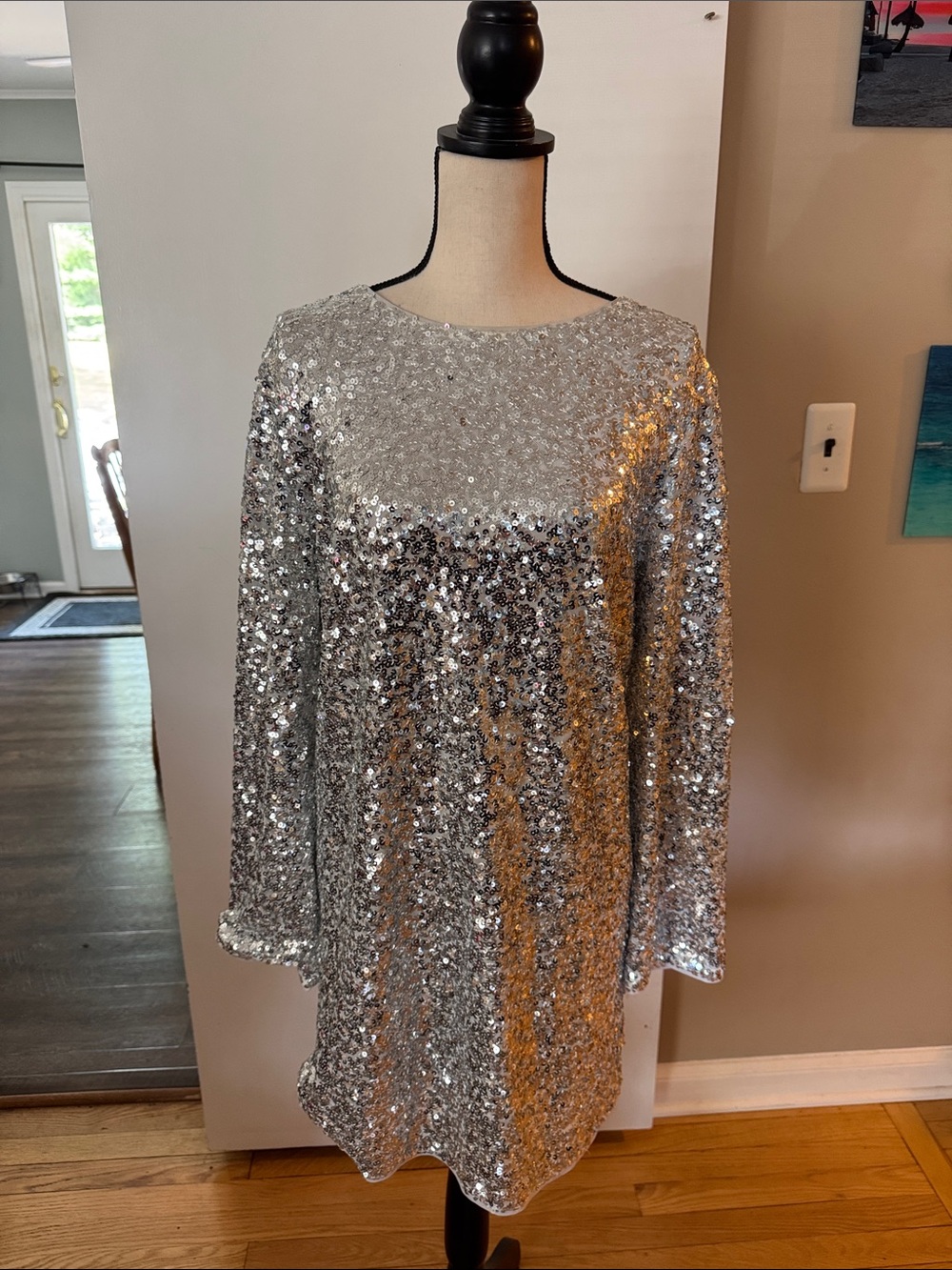 H&M Silver Sequin Long Sleeve Shift Dress
